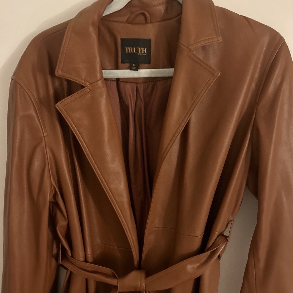 Truth By Republic leather trench coat in “saddle” color